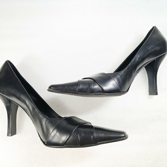 Antonio Melani Vero Cuoio Black Leather Pumps 4" Heel Made in Italy Size 8.5 VG - Picture 1 of 14